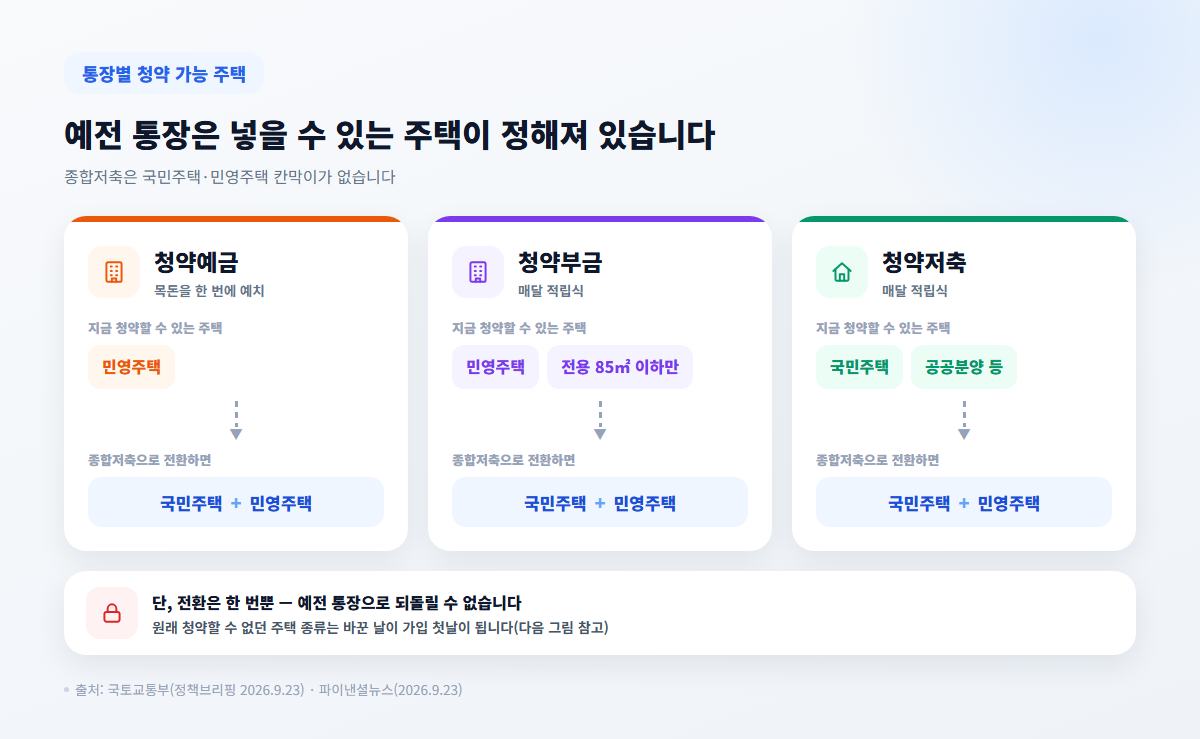 청약예금 청약부금 청약저축 청약 가능 주택 비교, 종합저축 전환 후 국민주택 민영주택 모두 가능