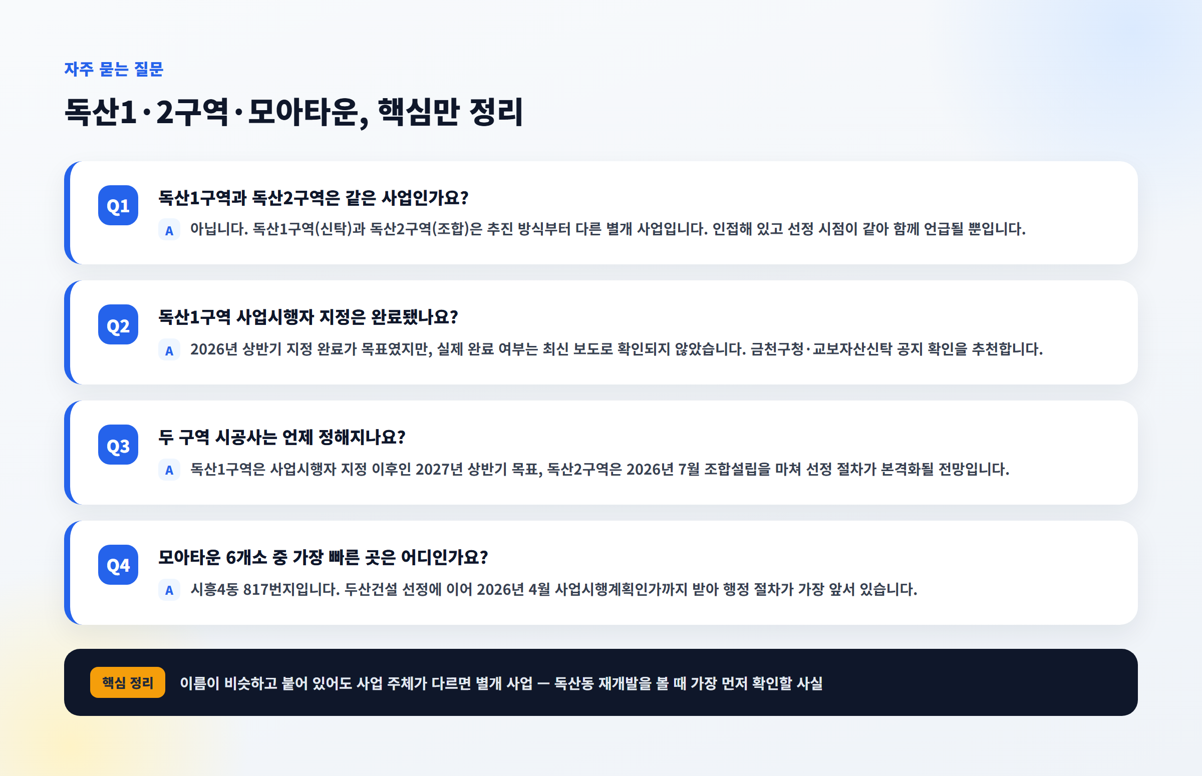 금천구 독산1·2구역·모아타운 자주 묻는 질문 요약 카드뉴스형 이미지