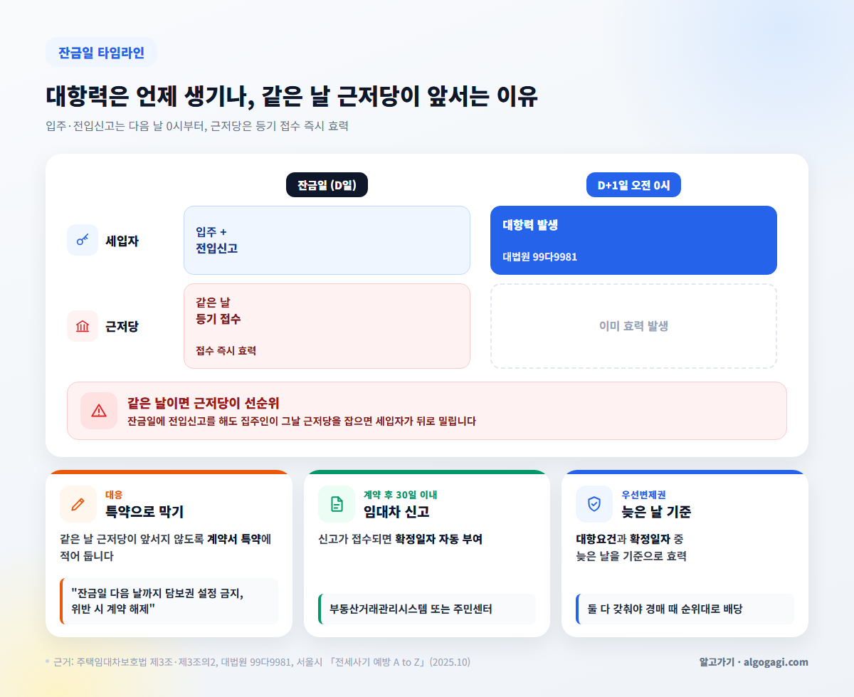 월세 전입신고 대항력 발생 시점 타임라인, 잔금일 다음 날 0시 효력과 같은 날 근저당 선순위 문제